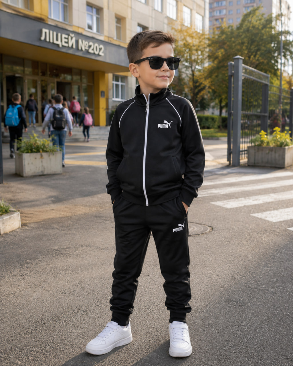 Чорний дитячий костюм Puma, вигляд спереду