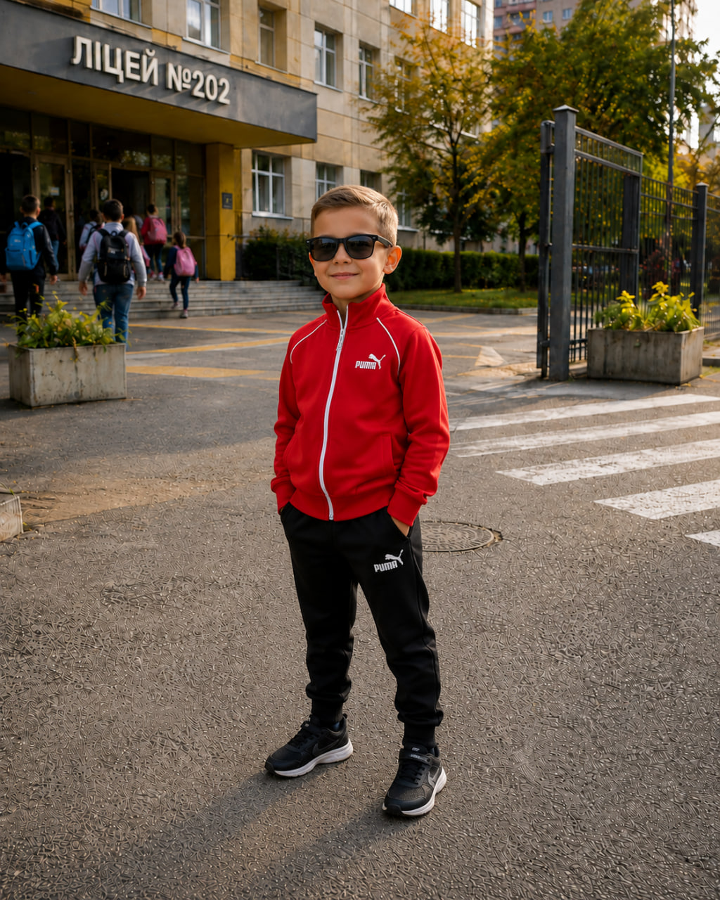 Хлопчик у червоному дитячому спортивному костюмі Puma